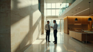 Construction manager and general contractor talking in a commercial lobby