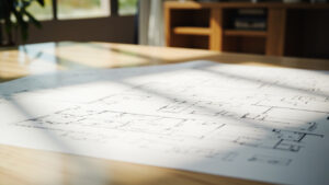 Architectural floor plan drawings spread on a table